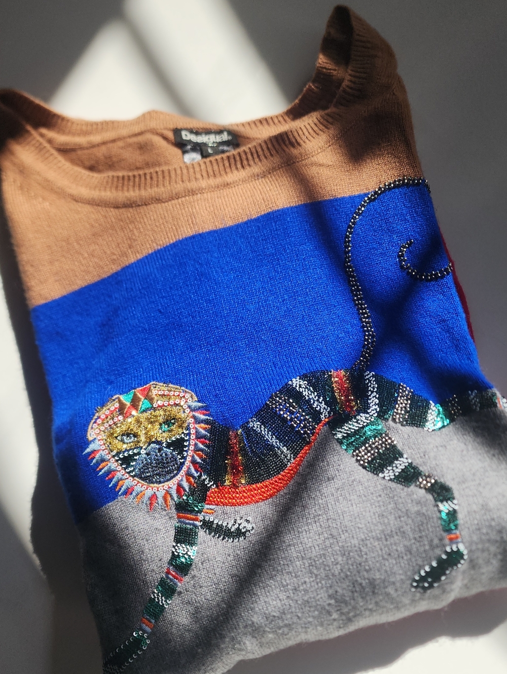 Desigual Oversized Multicolor Striped Sweater with Embroidered Monkey